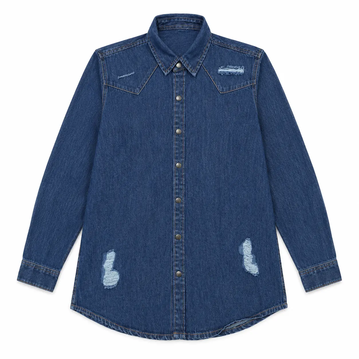 Classic Denim Western Shirt with Ripped Details