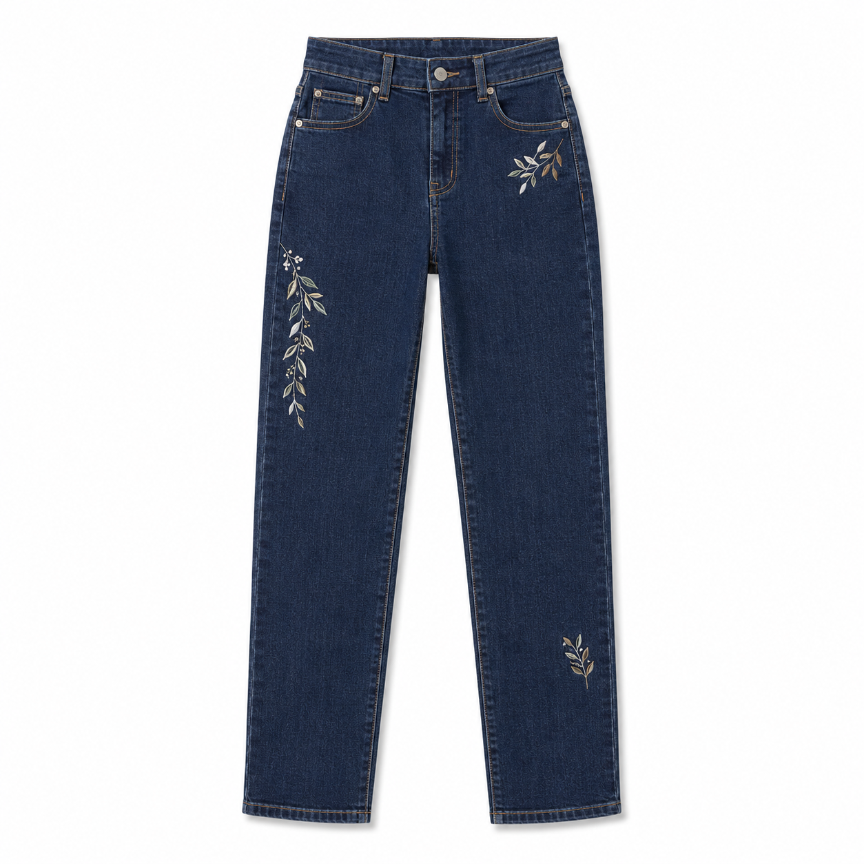 Women Minimal Leaf Embroidery Jeans