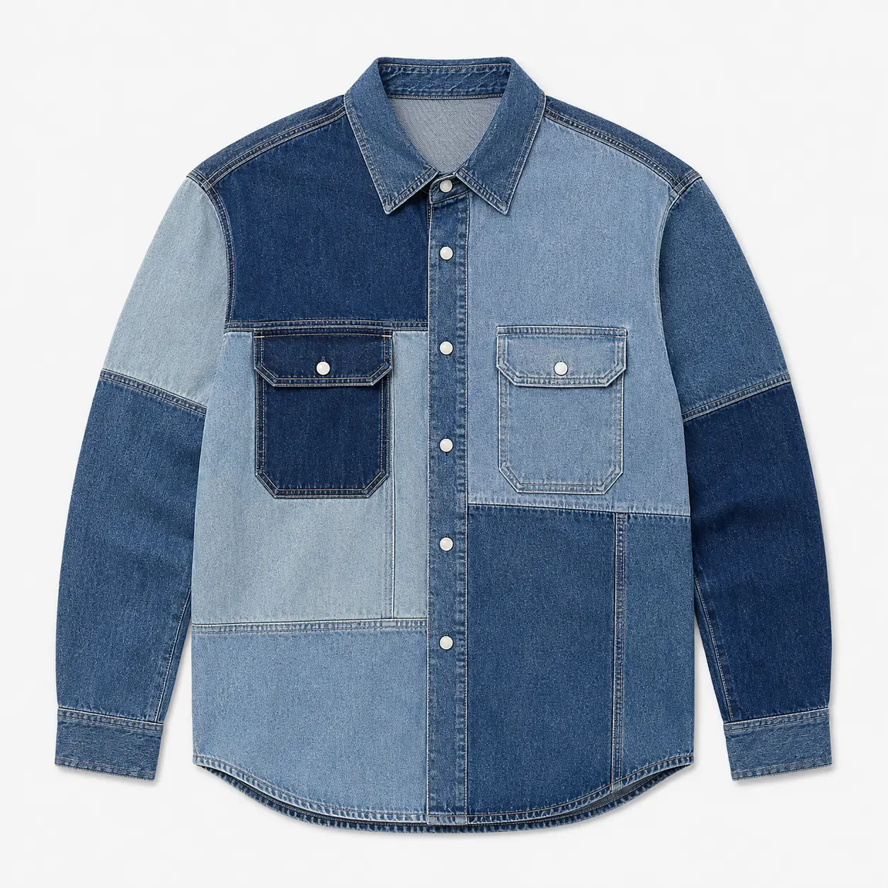 Patchwork-Denim-Shirt-Mixed-denim-panels